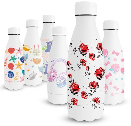 Vikaster Botella Termica Niños, 350ml Botella Agua Acero Inoxidable, Impresión 3D Termo, Pequeña Botella Térmica, Mantener 12H Caliente/24 Frío, Termo Sin BPA, Botella de Agua para Viaje, Escuela