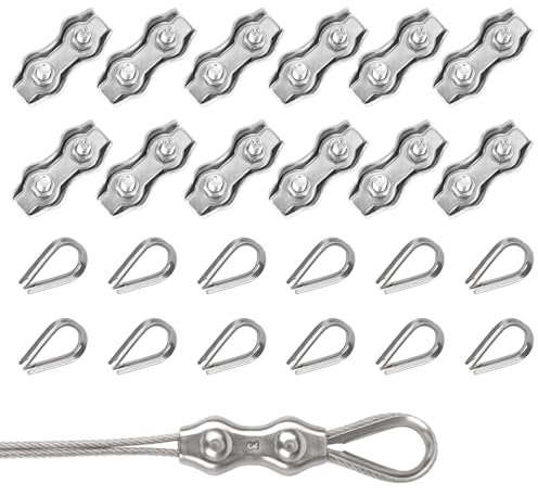 Rybtd Drahtseilklemmen 24 Stück duplex klemme 3mm Und kauschen 3mm，304 Edelstahl Drahtseile Clip M3 Seilklemme für 2mm Stahlseil Seil Takelage