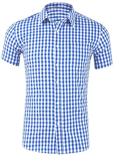 DUOLUVA Oktoberfest Hemden Herren Kurzarm Trachtenhemd Männer Kariertes Shirt for Men Dunkelblau 2XL