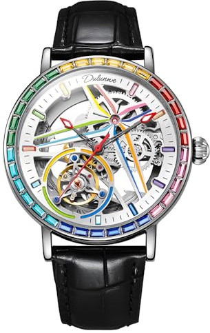 DAXIAOYU Orologio meccanico completamente automatico da uomo, design unico, lunetta circostante con pietre preziose colorate, orologio da polso con volano cavo scheletro, orologi alla moda in acciaio