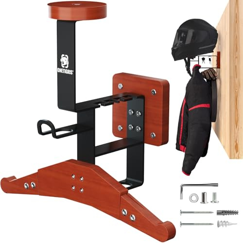 OneTigris Porta Casco Moto Ver. 2.0 – Supporto Casco da Muro 80 kg Carico, con Doppio Gancio & Porta Occhiali, Regolabile, per Caschi Moto, Gilet Airsoft, Abbigliamento Moto