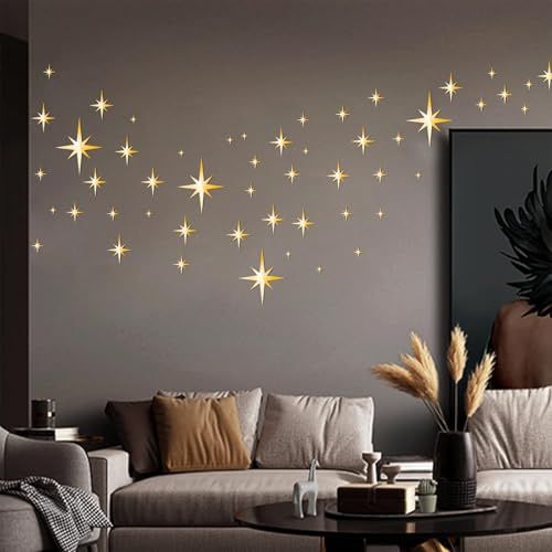 82 Pezzi Adesivi Murali Specchio Stelle, 3D Adesivi da Parete a Specchio Stelle Adesivi Murali Specchio Decorativi Acrilico Adesivi Stella Argento per Soggiorno Camera da Letto Decor (Oro)