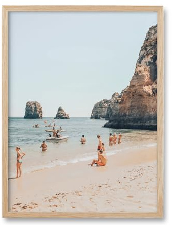 HesenDot Natural OAK Wood Framed Amalfi Coast Summer Wall Art,12x16in Italy Arienzo Beach Canvas Wall Print,Positano Swimming Poster Wall Decor for Living Room,Bedroom,Office Gallery Set of 1