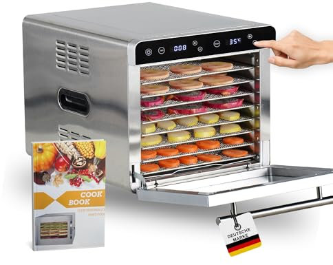 Sommertal Silence 700 XXL - Deshidratador (8 deshidratadores de acero inoxidable, pantalla LED, temporizador de 24 horas, ajuste de temperatura ajustable (35 °C – 85 °C), incluye libro de cocina,