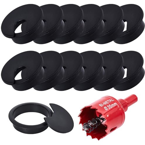 12 Pcs Desk Grommet 35mm with 35mm Hole Saw, Cable Grommet, Desk Cable Hole Cover, Desk Cable Grommet, Desk Hole Cover(Black)