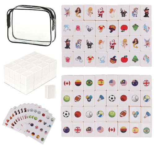 KBIBCK 65 Blöcke Seaside Escape Spiel, 30mm Escape Spiel Blöcke, Seaside Escape Game Blocks Mahjong mit 3 Set Aufkleber, National Flag Pattern Mahjong, Mini Mahjongs Set für Familie Reise Spiel (B)