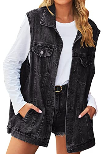 Veste en jean sans manches pour femme - Noir - Grandes tailles - Gilet en denim avec boutonnière - Veste de transition élégante - Vestes en jean destroyed - Veste sans manches - Veste de motard en