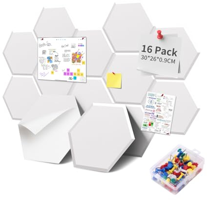 16 Pièces de Tableaux en Feutre Hexagonaux Auto-Adhésifs avec 70 Épingles, 30x26x0.9cm, Plaques de Liège Décoratives pour Photos et Mémos, Idéaux pour Bureau, d'Enfant et Salle de Classe, Blanc