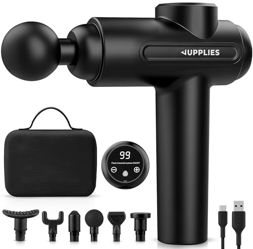 JUPPLIES Pistola de Masaje Muscular 30 Velocidades - 6 Cabezales, Silenciosa, 5H Autonomía, Pantalla Táctil LCD, Estuche y Carga USB-C | Masajeador Cervical y Espalda Profesional (Pistola)