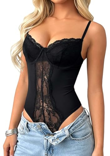 TZLDN Women Lace Bodysuit Sexy Outfits Going Out Mesh Body Suits Clubbing Party Black M