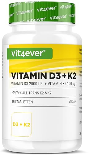 vit4ever Vitamine D3 + K2-365 comprimés - 99,7% d'all-trans MK-7 et 2000 UI de vitamine D3 - Matière première haut de gamme_ RAW D3® - hautement dosée, biodisponibilité optimale, végétalienne