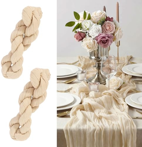 2 Stück Käsetuch Tischläufer Beige 90 x 300cm Boho Rustikale Gaze Tischläufer Musselin Dekostoff Seihtuch Tischläufer Table Runner Tischdecke für Hochzeit Party Geburtstag Tischdeko Hochzeitsdeko