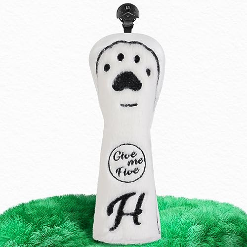 Golf Club Head covers Hybrid Utility Rescue with Interchangeable Number Tag 23456 UT Elastic Closure White PU Leather Flush Paw Design