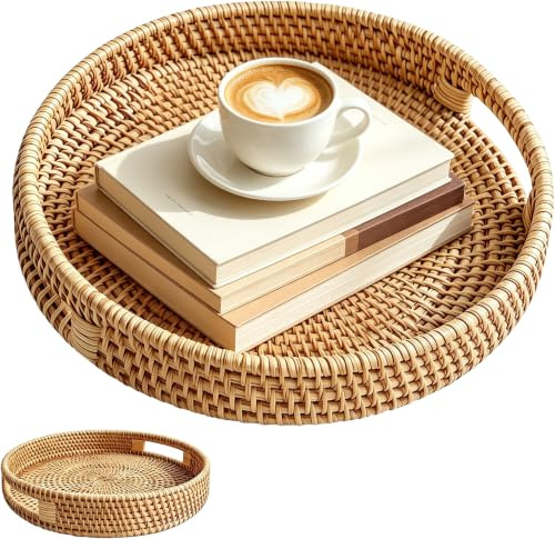 30cm Wicker Serving Tray Round with Handles, Round Coffee Table Tray | Openwork Handles,Minimalist and Natural,Easy Maintenance,for Snack, Bread, Drink, Coffer, Tea
