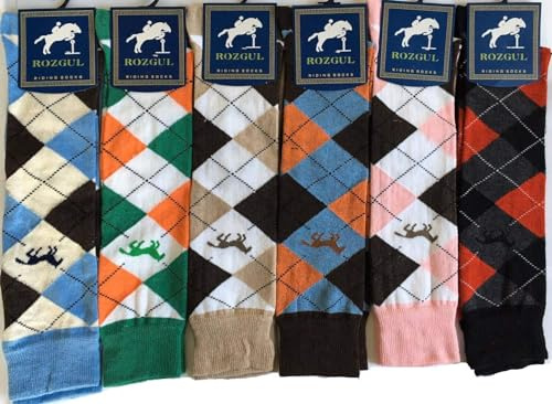 Rozgul® Lot de 6 paires de chaussettes montantes pour bottes d'équitation en coton majoritaire Motif cheval Taille 36-41