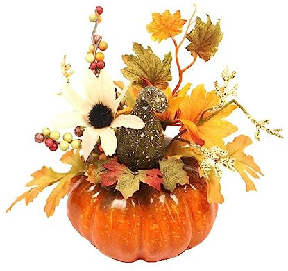 Halloween Decoration Artificial Pumpkin Maple Leaf Flowers Orange Ornament Bonsai Table Centerpiece Props for Halloween Thanksgiving Autumn Fall Decoration
