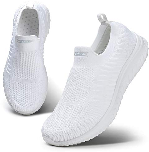 HKR Damen Slip On Turnschuhe Mesh Laufschuhe Atmungsaktiv Sportschuhe Wanderschuhe Leichte Bequeme Schuhe Weiß 40 EU