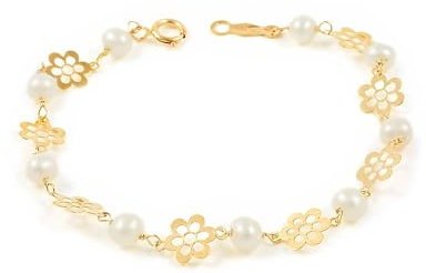 Monde Petit Pulsera Niña Oro Amarillo 9K Perla Redonda 3,5 mm Flor Margarita Brillo 13 cm - Certificado Garantía - 1424