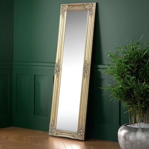 Julian Bowen Palais Mirror Full Length – Antique Wooden Wall Mounted Glass Full Body Mirror, 130cm x 40cm, for Bedroom, Living Room & Dressing Room – Gold