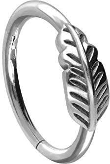 PIERCINGLINE Anello segmentato in acciaio chirurgico, con piuma, per naso, setto e trago, colore e dimensioni a scelta, acciaio chirurgico 316L