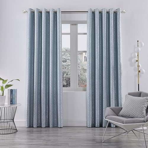 Coastline Leopard Jacquard Full Lined Eyelet Curtains Readymade Window Treatments Blinds 2 Panels (Duckegg, W66 xD72)