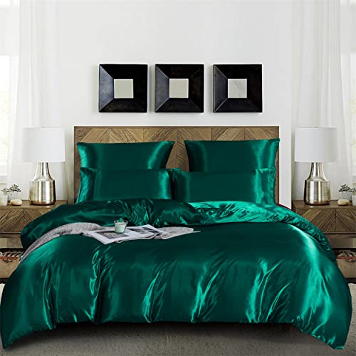 Damier Satin Bedding Bed Linen 155 x 220 cm Green Dark Green Smooth Shiny Duvet Cover Set 3-Piece Luxury Silk Duvet Cover with Zip and 2 Pillowcases 80 x 80 cm