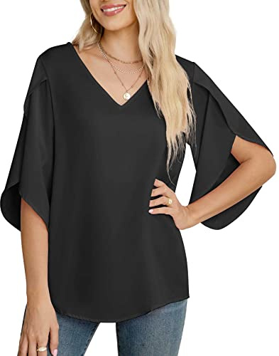 Jouica Women's Fall Casual 3/4 Ruffled Sleeve Chiffon Blouse Tops for Women,01Black,XX-Large