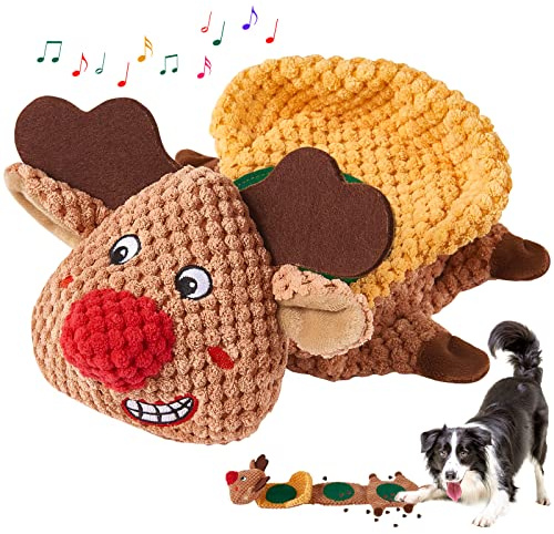 Yzmewael Christmas Dog Puzzle Toys for Boredom, Reindeer Squeaky Dog Toys for Foraging Instinct Training, Interactive Tough Dog Chew Toys for Small, Medium, Large Breed Dogs