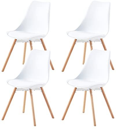 buybyroom Set di 4 sedie imbottite, da cucina, con seduta in legno massiccio, schienale per sala da pranzo, soggiorno, camera da letto, sala conferenze, bianco