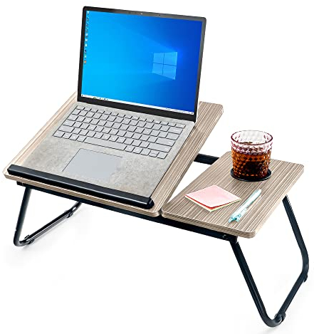 unycos - Laptoptisch, Betttablett Klappbar mit Höhenverstellbar und Cup Slot, Frühstückstablett, Lapdesk für Sofa, Arbeiten, Studieren, Lesen, Schreiben, | MDF & Stahl, 56x33x23 cm (Holz)