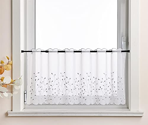 Delien Voile 1 stück Scheibengardinen Kurzgardinen Stickerei Bistrogardine »Grünland« Transparente Kurzstores Durchstangenzug Kurzvorhang mit Grasmuster Blattmuster für Küche BxH 90x30cm,Hellgrau