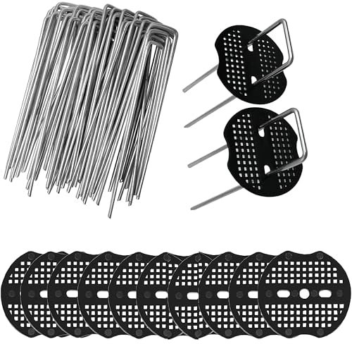 Hcrvvi Heringe, Unkrautmembran-Heringe, 50 Stück, 15 x 4 cm, Φ3,8 mm, Edelstahl, U-förmig und 50 6 x 7 cm, Unterlegscheiben, für Gartenzäune, Gartennetz, Gemüsebeet, feines Netz,