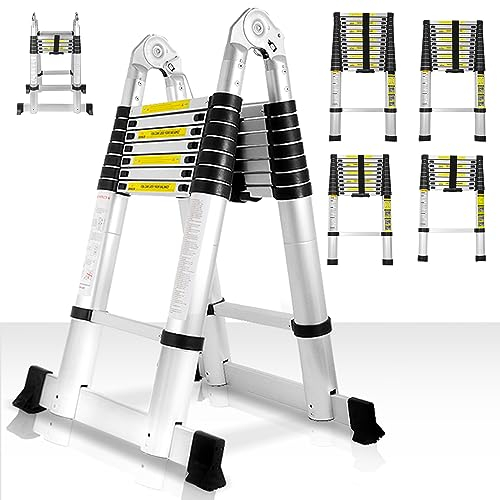 Gimisgu Aluminium Teleskopleiter, 5 m Teleskop Klappleiter, Mehrzweckleiter Rutschfester Ausziehleiter Alu-Klappleiter Ausziehbare Leiter bis 150 kg Belastbarkeit