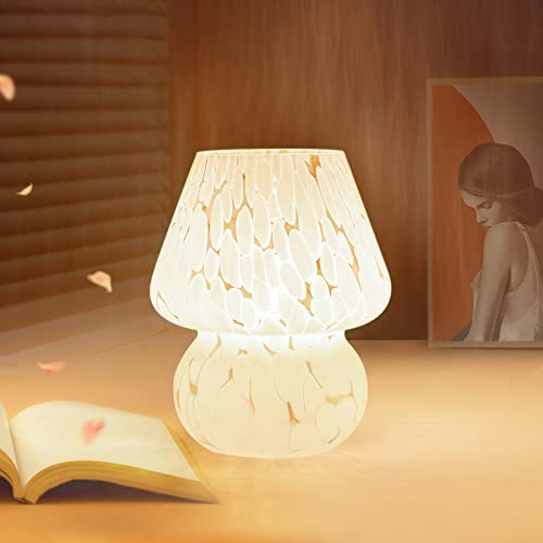 ONEWISH Lampe Champignon, Petite Lampe de Chevet - Lampe de Table en Verre Translucide, Lampe Esthétique Murano pour Chambre à Coucher, Salon, Cuisine - Cadeau d'Anniversaire Blanc