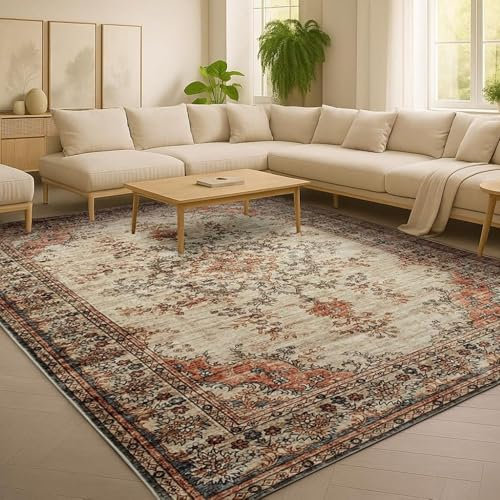 Hafaa Machine Washable Rugs Living Room 120 x 170 cm – Soft Short Pile Large Area Rugs For Bedroom, Kitchen Carpet Non Slip Traditional Oriental Floral Design Vintage Boho Cashmere Rug, Timeless