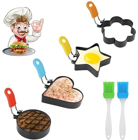 Stampi per Uova in Acciaio Inossidabile 4 ​​forme Diverse Anello di Uovo Vari Colori Stampo Pancake ti Aiutano a Creare Perfettamente Diverse Forme di Omelette Viene Fornito con 2 Pennelli in Silicone