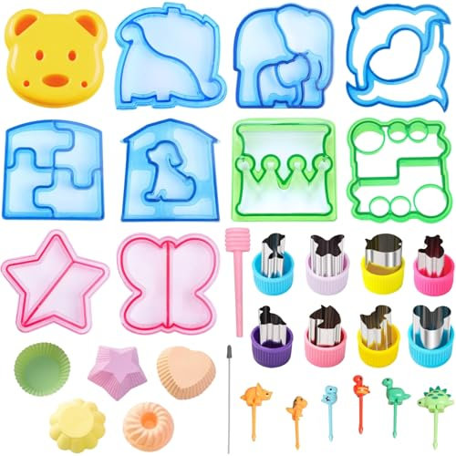 Sandwich Cutters for Children Vegetable Cutter Silicone Cupcake Liners Shapes Set of 31 Pieces - Animal Shapes: Dolphin Car Dinosaur Butterfly Star Bear Stainless Steel Fruit Picks for Kids Food