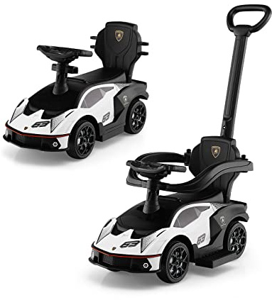 COSTWAY 3 in 1 Lamborghini Auto a Spinta per Bambini, Macchina Cavalcabile con Impugnatura e Scatola di Stoccaggio, Ideale per Bambini 12-36 Mesi (Bianco)
