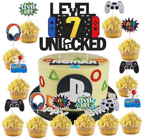 37PCS Décoration Gâteau d'Anniversaire Jeux Vidéo,Décorations Gâteau Anniversaire Gaming 7 Ans,Cupcake Topper Jeu Vidéo, Thème Console de Jeux Toppers Cupcake pour Fête d'Anniversaire Enfant