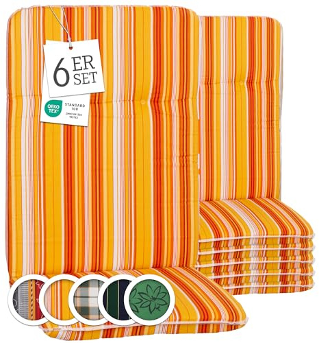 Beo Bali Paspelauflage Hochlehner Edremit orange gelb weiß gestreift 114x47 cm, 6er Set | Waschbare, atmungsaktive Auflagen | UV-beständige Sitz-Auflagen | Made in EU nach Öko-Tex Standard