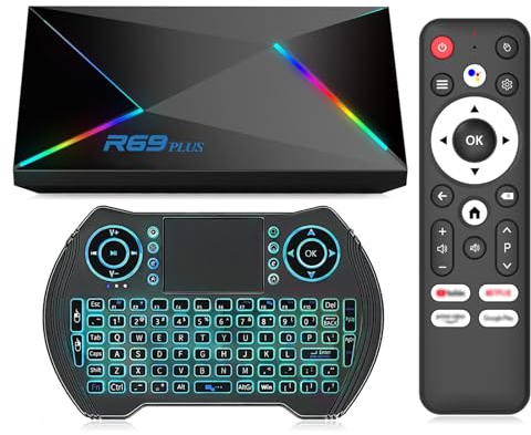 Android 14 TV Box 2026 Android Box 4GB RAM 64GB ROM for Smart TV 1000M Ethernet R69 Plus 8K TV Box 4K HDR10+ H728 Octa-core WIFI6 2.4G 5.8G Dual WiFi BT5.0 USB 3.0 with Mini Wireless Keyboard