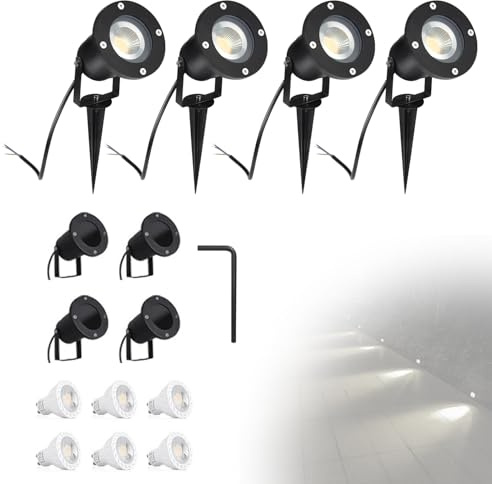 CPROSP 4PCS 5W Faretto da Giardino GU10 Proiettore LED Spot con Picchetto Esterno IP65 Bianco Naturale per Esterno Giardino 4000K, con 2 Lampadina aggiuntiva