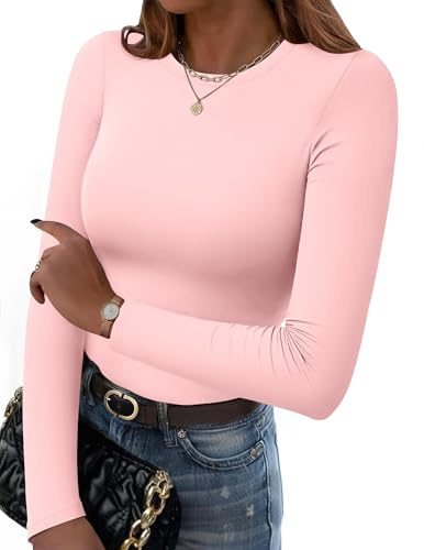 Hotouch Maglia Donna Elegante Manica Lunga Girocollo Maglietta Sexy Slim Fit T-Shirt Basic Casual Tee Top Elasticizzato Termica Sottoscrubs Rosa Chiaro M