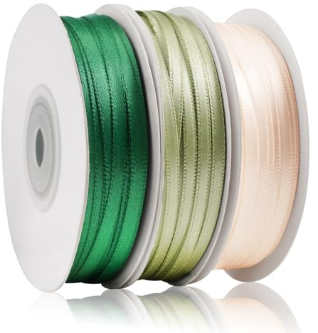 3 Piezas Doble Cara Cinta Regalo, 3 mm x 45 m Fino Cinta de Satén de Poliéster para Manualidades, Satin Ribbon Verde y Beige, para Globos, Boda, Cumpleaños, Decoración de Fiestas, Paquete de Regalo