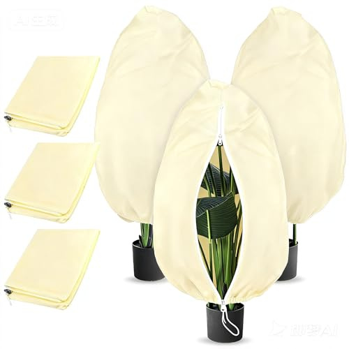 DOMIJOY Växter vinterskydd utomhus 100 x 80 cm 70 g/m² vinterskydd för krukväxter, slitstarkt, återanvändbart vinterskydd för växter med dragkedja, växtskydd vinter för palmer 3 stycken