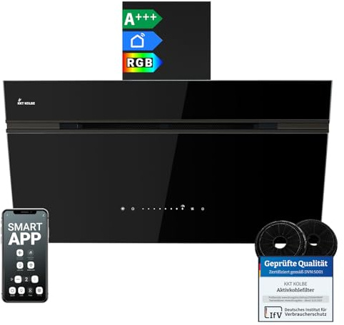 KKT KOLBE A+++ Dunstabzugshaube 90 cm 782 cbm/h Umluft Abluft Kopffrei Wandhaube | Schwarz | Glas | Nachlaufautomatik | Smart WiFi App WLAN | SensorTouch | RGBW LED-Beleuchtung | AURORA9005FB