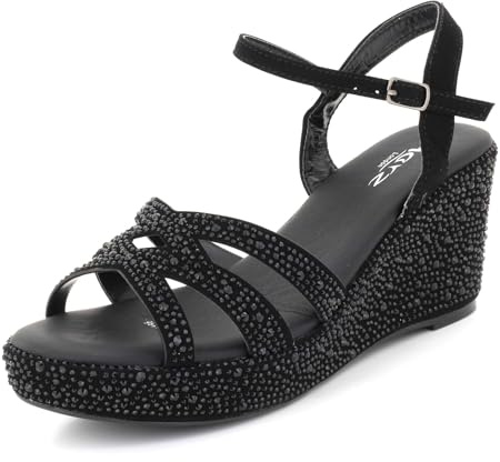 AARZ LONDON Womens Sparkly Diamante Wedge Sandals Rhinestone Strappy Platform Heels Ankle Strap Comfortable Evening Wedding Party Ladies Shoes Size