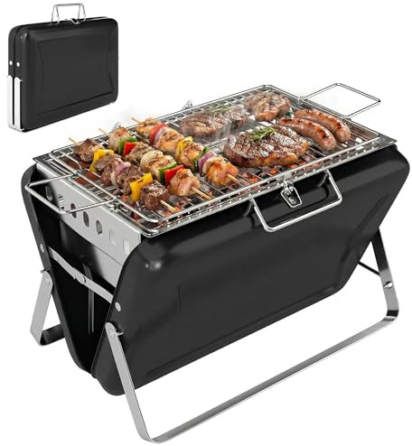 Outsunny Barbacoa de carbón vegetal de acero inoxidable con parrilla de carbón vegetal con mango patas plegables, parrilla de carbón para barbacoa, camping, terraza, jardín, 40 x 28 x 25,5 cm, color