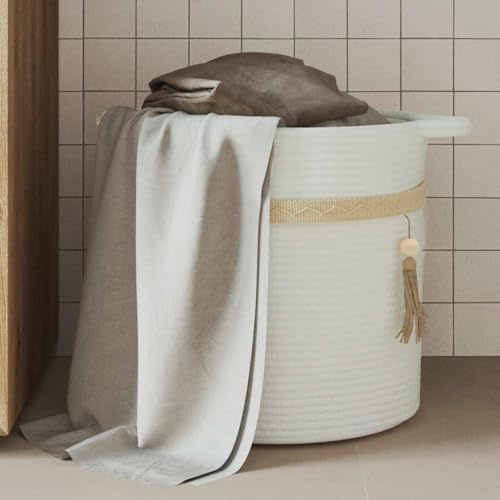 Kaloriko Panier de Rangement Blanc en Corde Coton tressé Ø38 x 36 cm, Pliable avec poignées, Corbeille décorative pour Linge, Jouet, Salon, Chambre, Placard, buanderie