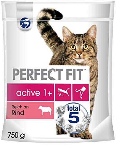 Perfect Fit Katzenfutter Trockenfutter Active Adult 1+ Reich an Rind, 1 Beutel (1 x 750g)